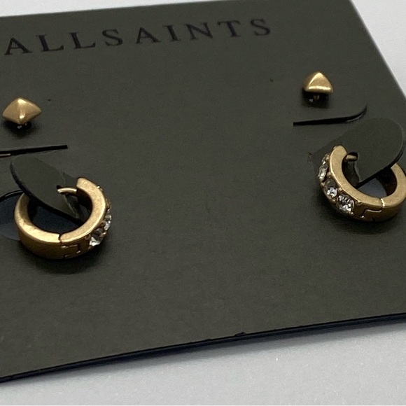 AllSaints New Gold Tone Brass Studded Huggie and Mini Square Studs Earring Set - Picture 5 of 7